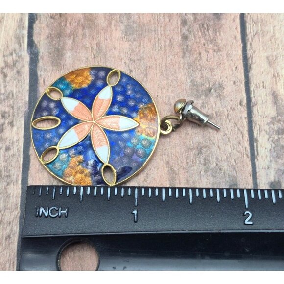 Vintage Chinese Cloisonne Large 1.5" Dangle Round Earrings Pierced Beach Summer - Picture 4 of 4